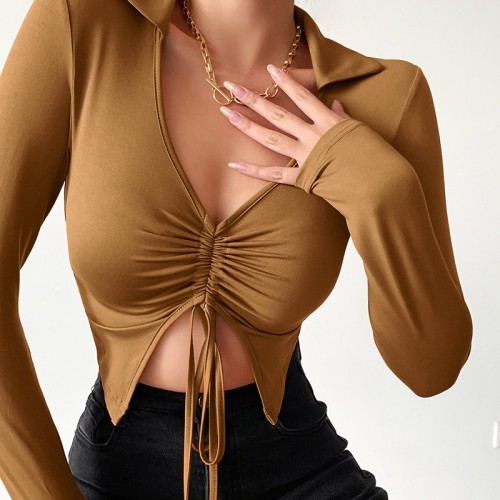 Women's Fall Solid Drawstring V-Neck Long Sleeve Sexy Slim T-Shirt Top