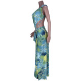 Women's Sleeveless Cardigan Print bodysuit and Elegant Dress two piece set