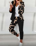 Fashion Plaid Letter Print Office Lady Blazer Pants Suit Two Piece Set