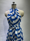 Women's Summer Sweet Striped Halter Neck High Waist Slit Maxi Dress