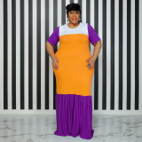 Plus Size Women's Round Neck Short Sleeve Multicolor Patchwork Swing Maxi Dress