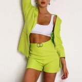 Women One Button Three Quarter Sleeve Solid Color Suit Fashion Chic Tight Fitting Blazer Shorts Two Piece Set