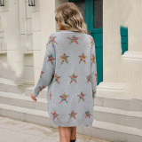 Autumn and winter Long Sleeve street hipster mid-length cardigan five-pointed star fashion Plus Size Knitting jacket