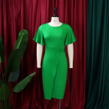 Autumn Professional Green Ruffle Sleeves Pencil Office Dress