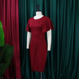 Autumn Professional Red Ruffle Sleeves Pencil Office Dress