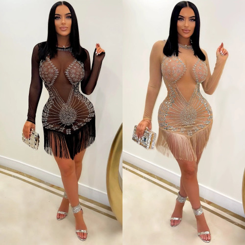 Summer Women's Fashion Sexy Mesh Beaded Fringe Long Sleeve Ladies Dress