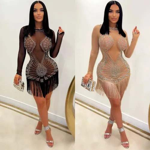 Summer Women's Fashion Sexy Mesh Beaded Fringe Long Sleeve Ladies Dress