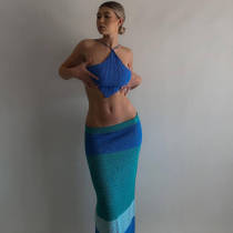 Abdominal Halter Neck Knitting Strap Beach Top Crop Low Back Lace-Up Chaleco + Falda de media longitud Mujer