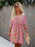 Spring Summer Fashion Print V-Neck Low Back Lace-Up Sexy Short Sleeve Dress