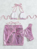 Snakeskin Drawstring Lace-Up Three-Piece Skirt Bikini