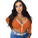 Plus Size Women's Solid Color Irregular Sexy Zip Ribbed Top