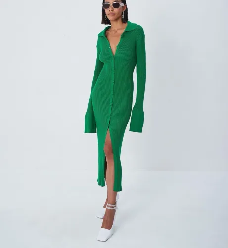 Women's Fall Fashion Women's Long Sleeve V Neck Long Button Bell Bottom Sleeve Sweater Dress