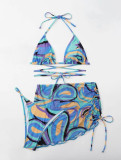 Printed mesh drawstring skirt Three-Piece bikini