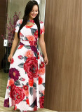 Women Sexy Fashion Floral Botanical Print Short Sleeve Maxi Dress