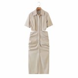 Women Turndown Collar Short Sleeve High Waist Cutout Buttons Maxi Dress