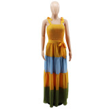 Women Summer Contrast Sleeveless Lace-Up Corset Strap Maxi Dress