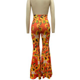 Summer Print High Waist Bell Bottom Pants Holidays Style Plus Size Tight Fitting Women's