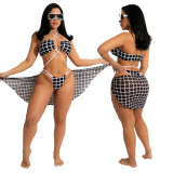 Women Black Cover-Up Halter Plaid Print Three Piece Swimwear