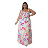 Plus Size Women Fashion Chic Floral Backless Strap Maxi Dress