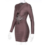 Women Sexy Cutout Round Neck Solid Long Sleeve Bodycon Dress