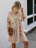 Spring Summer Fashion Print V-Neck Low Back Lace-Up Sexy Short Sleeve Dress