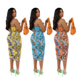 Summer Women Ripple Print Halter Neck Crop Top+ Bodycon dress Two Piece