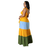 Women Summer Contrast Sleeveless Lace-Up Corset Strap Maxi Dress