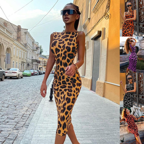 Женское летнее шикарное платье макси с леопардовым принтом и открытой спиной