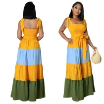 Women Summer Contrast Sleeveless Lace-Up Corset Strap Maxi Dress