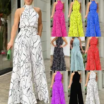 Summer Women Elegant Lace-Up Sleeveless Halter Neck Print Jumpsuit