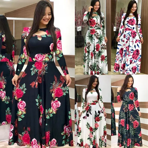 Women Sexy Fashion Floral Botanical Print Short Sleeve Maxi Dress