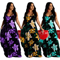 Plus Size Women Floral Print Sexy Straps Sleeveless Maxi Dress