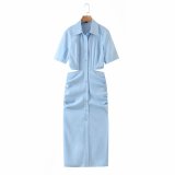 Women Turndown Collar Short Sleeve High Waist Cutout Buttons Maxi Dress
