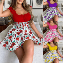 Frauen-Sommer-Kontrast-Blumendruck-Rundhals-Kleid