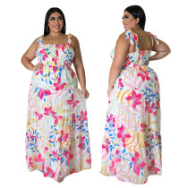 Plus Size Women Fashion Chic Floral Backless Strap Maxi Dress