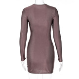 Women Sexy Cutout Round Neck Solid Long Sleeve Bodycon Dress