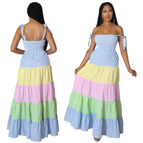 Женское модное контрастное полосатое платье макси с ремешком