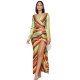 Women'S Fashion Stripe Print Long Sleeve Crop Top Slit Skirt Casual Two Piece Set