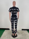 Women'S Digital Print Irregular Top Hollow Out Casual Two Piece Pants Set