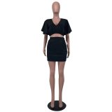 Women'S Summer Solid Color V-Neck Short Sleeve Crop Top Mini Skirt Casual Two Piece Set