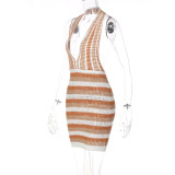 Women'S Summer Striped Halter Neck Low Back Deep V-Neck Knitting Sweater Dress