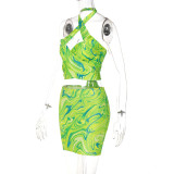 Women'S Summer Print Halter Neck Slim Short Skirt Two Piece Set
