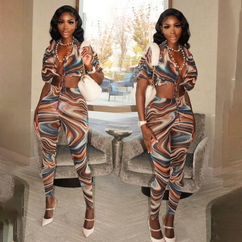 Женский модный комплект осеннего принта с отложным воротником и облегающими базовыми брюками