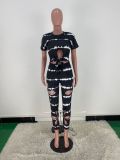 Women'S Digital Print Irregular Top Hollow Out Casual Two Piece Pants Set