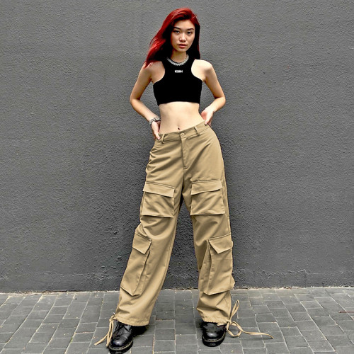 Pantalones casuales de carga de cintura alta rectos sueltos de patchwork de bolsillo básico sólido para mujer