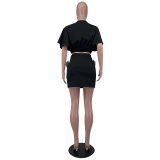 Women'S Summer Solid Color V-Neck Short Sleeve Crop Top Mini Skirt Casual Two Piece Set