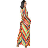 Women'S Fashion Stripe Print Long Sleeve Crop Top Slit Skirt Casual Two Piece Set