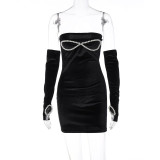 Women Autumn Style Strapless Pearl Collage Sweet And Sexy Club Dress With Oversleeve