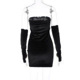 Women Autumn Style Strapless Pearl Collage Sweet And Sexy Club Dress With Oversleeve