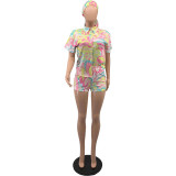 Women'S Fashion Style Multicolor Printed Shorts Shirt Set With Handkerchief